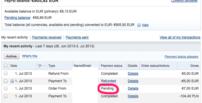 PayPal pending transaction 
