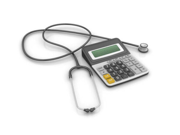 Medical tax deduction description. Stethoscope and tax deduction calculator 